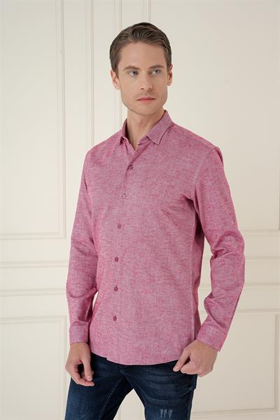 Slim Fit Dokulu %100 Pamuk Bordo Gömlek G 1584