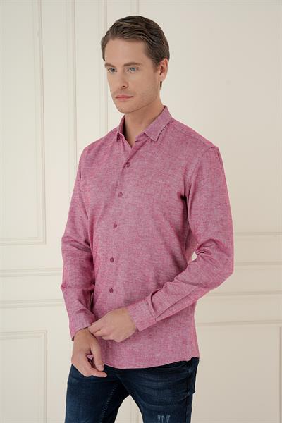 Slim Fit Dokulu %100 Pamuk Bordo Gömlek G 1584