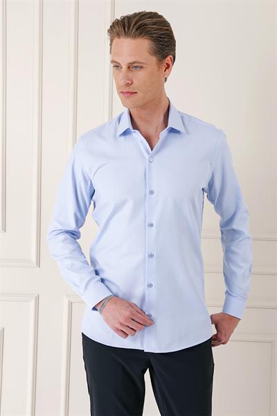 Slim Fit Dokulu %100 Pamuk Mavi Gömlek Gk 725