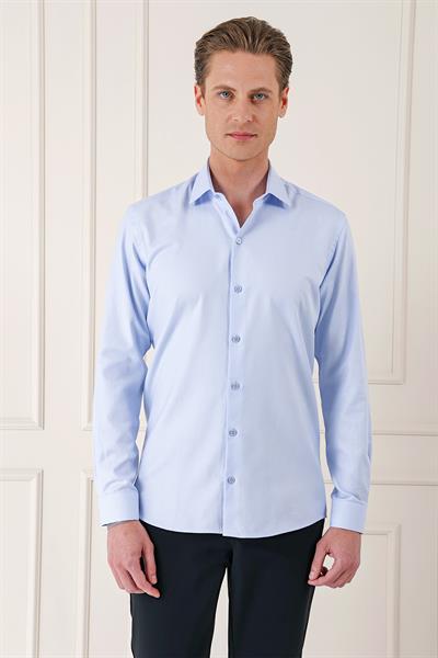 Slim Fit Dokulu %100 Pamuk Mavi Gömlek Gk 725