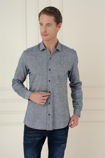 Slim Fit Dokulu %100 Pamuk Lacivert Gömlek G 1584