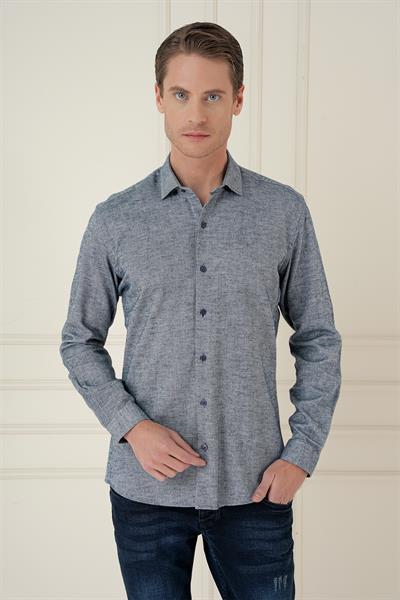 Slim Fit Dokulu %100 Pamuk Lacivert Gömlek G 1584