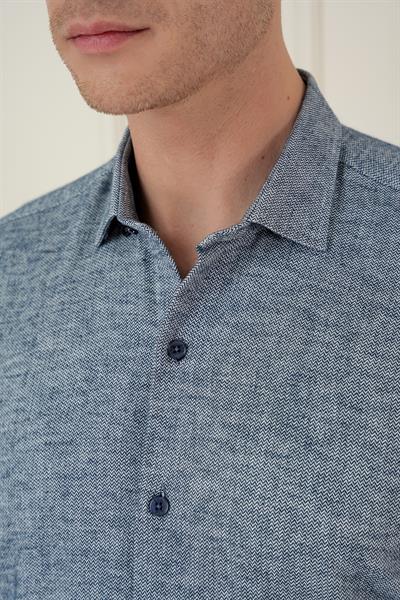 Slim Fit Dokulu %100 Pamuk Lacivert Gömlek G 1584