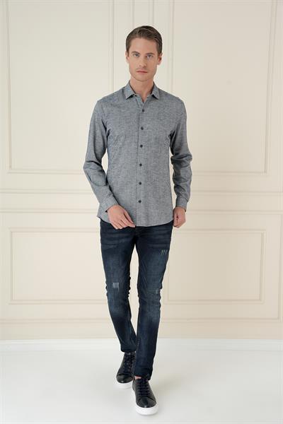 Slim Fit Dokulu %100 Pamuk Lacivert Gömlek G 1584