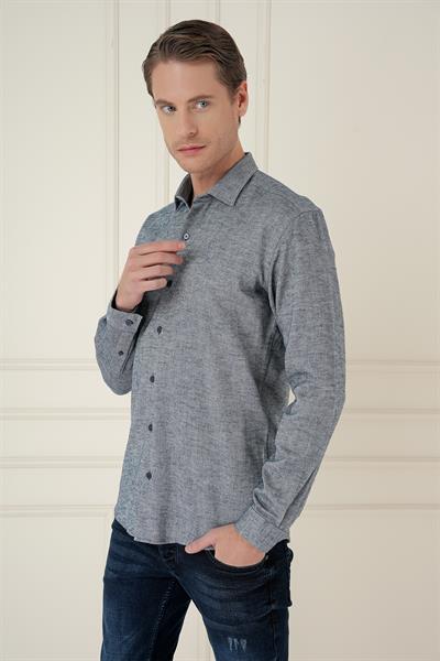 Slim Fit Dokulu %100 Pamuk Lacivert Gömlek G 1584