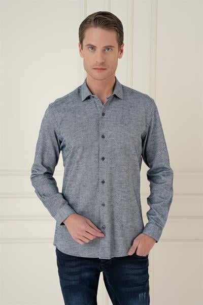Slim Fit Dokulu %100 Pamuk Lacivert Gömlek G 1584