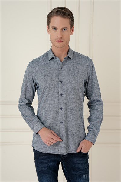 Slim Fit Dokulu %100 Pamuk Lacivert Gömlek G 1584