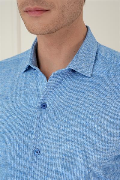 Slim Fit Dokulu %100 Pamuk Mavi Gömlek G 1584