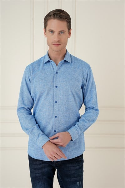 Slim Fit Dokulu %100 Pamuk Mavi Gömlek G 1584