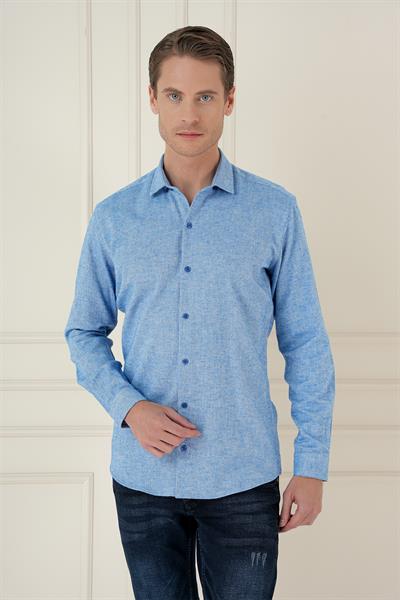 Slim Fit Dokulu %100 Pamuk Mavi Gömlek G 1584