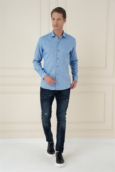 Slim Fit Dokulu %100 Pamuk Mavi Gömlek G 1584