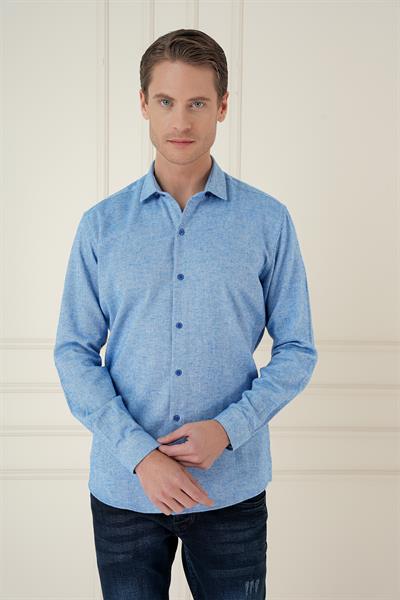 Slim Fit Dokulu %100 Pamuk Mavi Gömlek G 1584