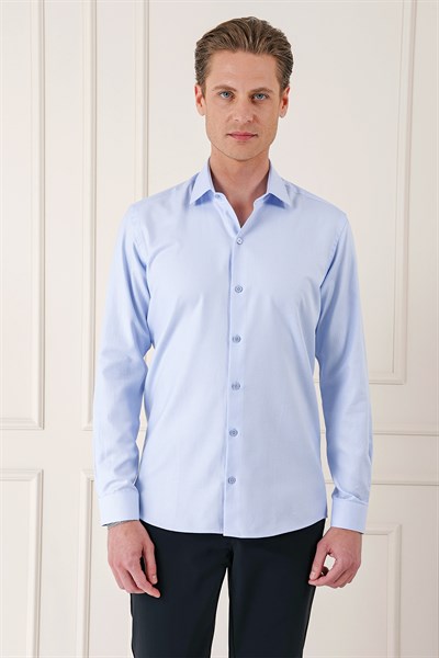Slim Fit Dokulu %100 Pamuk Mavi Gömlek Gk 725