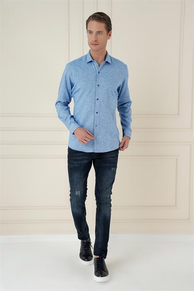 Slim Fit Dokulu %100 Pamuk Mavi Gömlek G 1584
