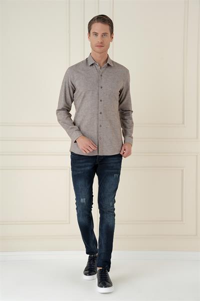 Slim Fit Dokulu %100 Pamuk Toprak Gömlek G 1584