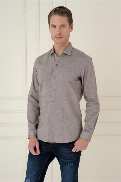 Slim Fit Dokulu %100 Pamuk Toprak Gömlek G 1584