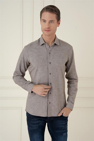 Slim Fit Dokulu %100 Pamuk Toprak Gömlek G 1584