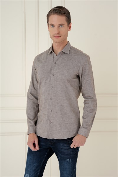 Slim Fit Dokulu %100 Pamuk Toprak Gömlek G 1584