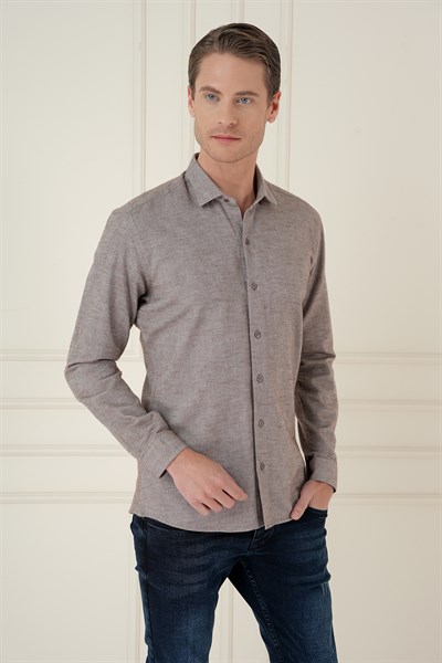 Slim Fit Dokulu %100 Pamuk Toprak Gömlek G 1584