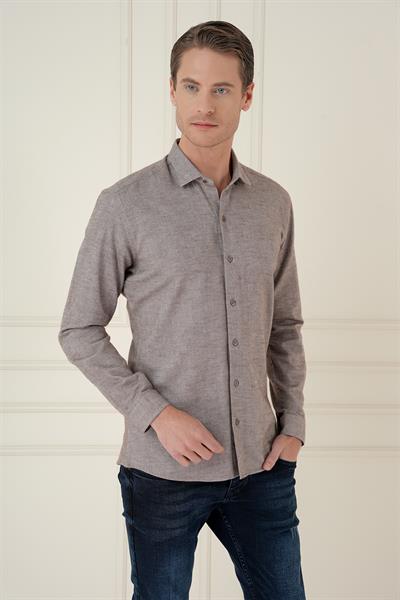Slim Fit Dokulu %100 Pamuk Toprak Gömlek G 1584