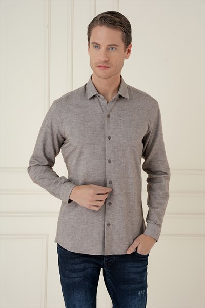 Slim Fit Dokulu %100 Pamuk Toprak Gömlek G 1584