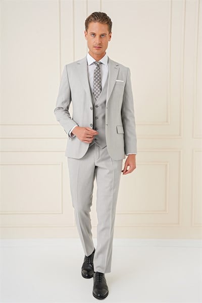Slim Fit Dokulu Çift Yırtmaç Yelekli Klasik Gri Takım Elbise Tk 898