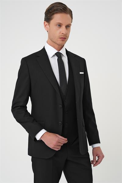 Slim Fit Dokulu Çift Yırtmaç Yelekli Klasik Siyah Takım Elbise Tk 898