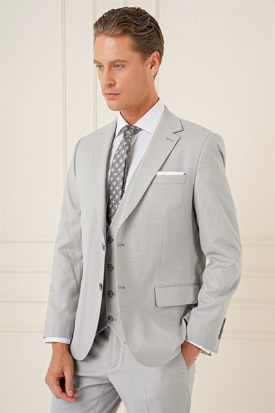 Slim Fit Dokulu Çift Yırtmaç Yelekli Klasik Gri Takım Elbise Tk 898