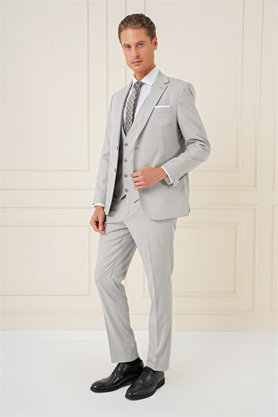 Slim Fit Dokulu Çift Yırtmaç Yelekli Klasik Gri Takım Elbise Tk 898