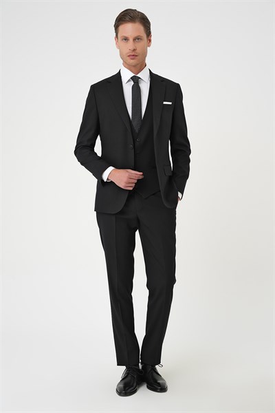 Slim Fit Dokulu Çift Yırtmaç Yelekli Klasik Siyah Takım Elbise Tk 898