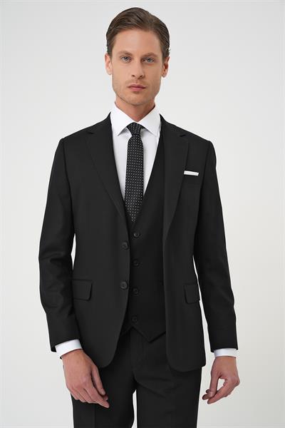 Slim Fit Dokulu Çift Yırtmaç Yelekli Klasik Siyah Takım Elbise Tk 898