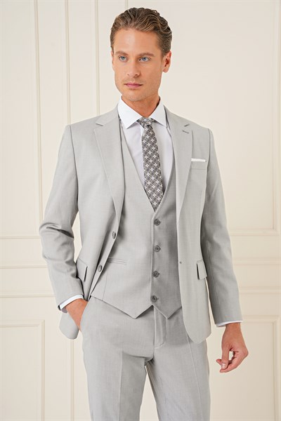 Slim Fit Dokulu Çift Yırtmaç Yelekli Klasik Gri Takım Elbise Tk 898