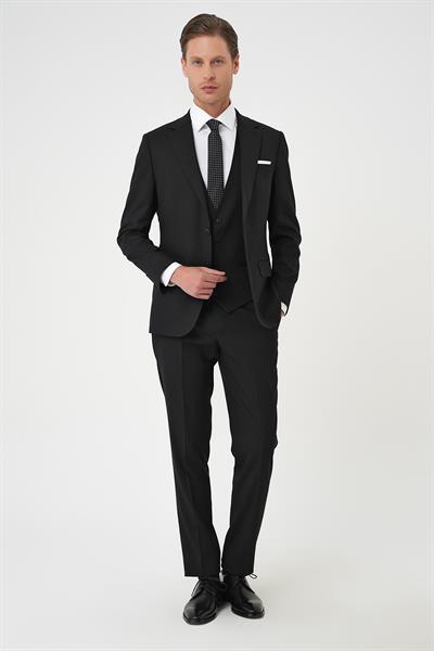 Slim Fit Dokulu Çift Yırtmaç Yelekli Klasik Siyah Takım Elbise Tk 898