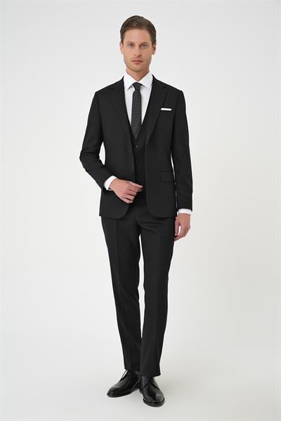 Slim Fit Dokulu Çift Yırtmaç Yelekli Klasik Siyah Takım Elbise Tk 898