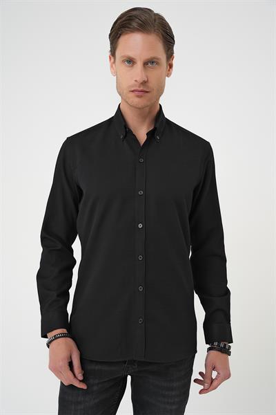 Slim Fit Dokulu Düğmeli Yaka Pamuklu Klasik Siyah Gömlek Gk 739