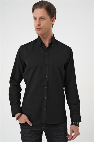 Slim Fit Dokulu Düğmeli Yaka Pamuklu Siyah Gömlek GK 739