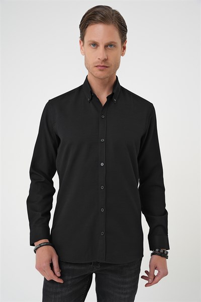 Slim Fit Dokulu Düğmeli Yaka Pamuklu Siyah Gömlek GK 739
