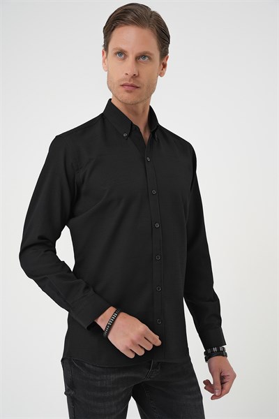 Slim Fit Dokulu Düğmeli Yaka Pamuklu Siyah Gömlek GK 739