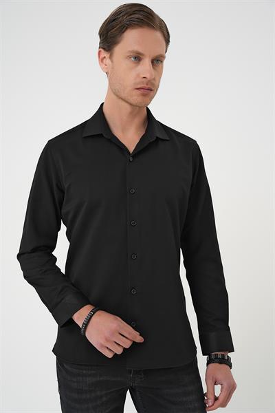 Slim Fit Dokulu Erkek Yaka Pamuklu Klasik Siyah Gömlek Gk 740