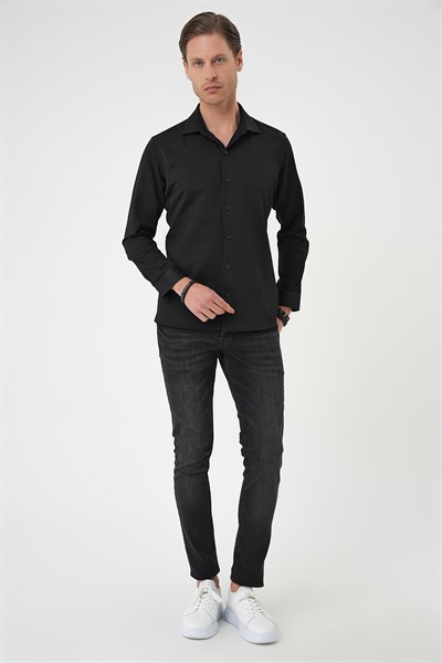 Slim Fit Dokulu Erkek Yaka Pamuklu Siyah Gömlek Gk 740