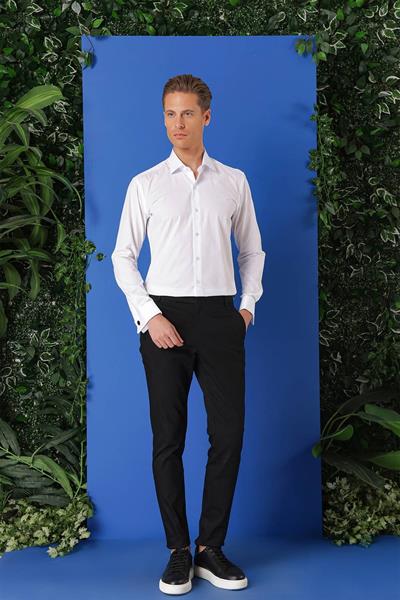 Slim Fit Kravat Yaka Duble Manşet %100 Pamuk Klasik Beyaz Gömlek Gk 682