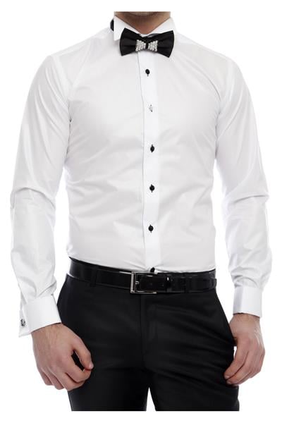 Slim Fit Duble Manşet Ata Yaka Beyaz Damatlık Smokin Gömlek  Gk 360