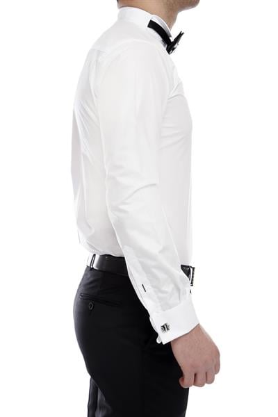Slim Fit Duble Manşet Ata Yaka Beyaz Damatlık Smokin Gömlek  Gk 360
