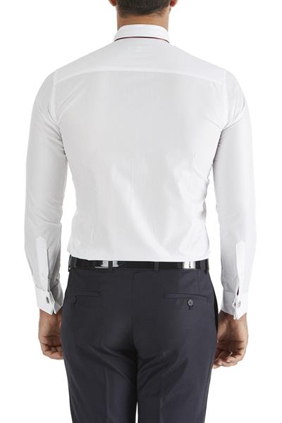 Slim Fit Duble Manşet Biyeli Beyaz Bordo Damatlık Smokin Gömlek  Gk 182