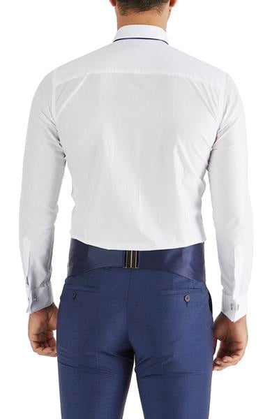 Slim Fit Duble Manşet Biyeli Beyaz Lacivert Damatlık Smokin Gömlek  Gk 182