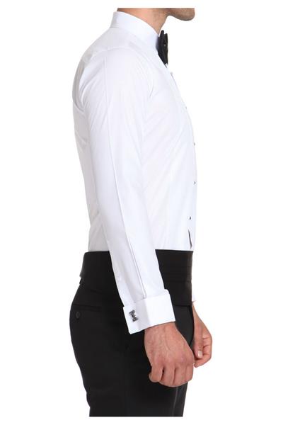 Slim Fit Duble Manşet Klasik Yaka Önü Piliseli Beyaz Damatlık Smokin Gömlek  Gk 512