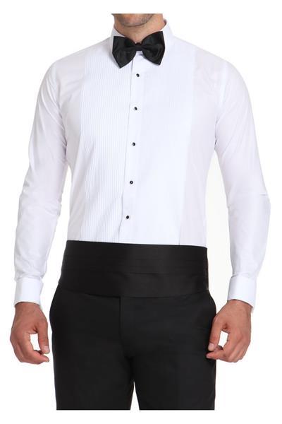 Slim Fit Duble Manşet Klasik Yaka Önü Piliseli Beyaz Damatlık Smokin Gömlek  Gk 512