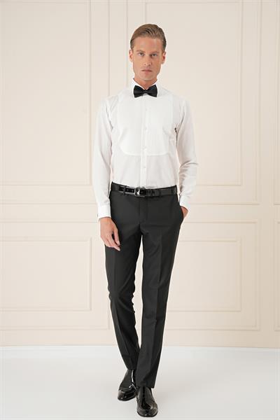 Slim Fit Duble Manşet Klasik Yaka Piliseli Beyaz Smokin Gömlek  Gk 732