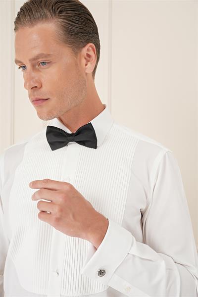 Slim Fit Duble Manşet Klasik Yaka Piliseli Beyaz Smokin Gömlek  Gk 732