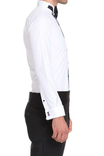 Slim Fit Duble Manşet Önü Biyeli Ata Yaka Beyaz Damatlık Smokin Gömlek  Gk 502